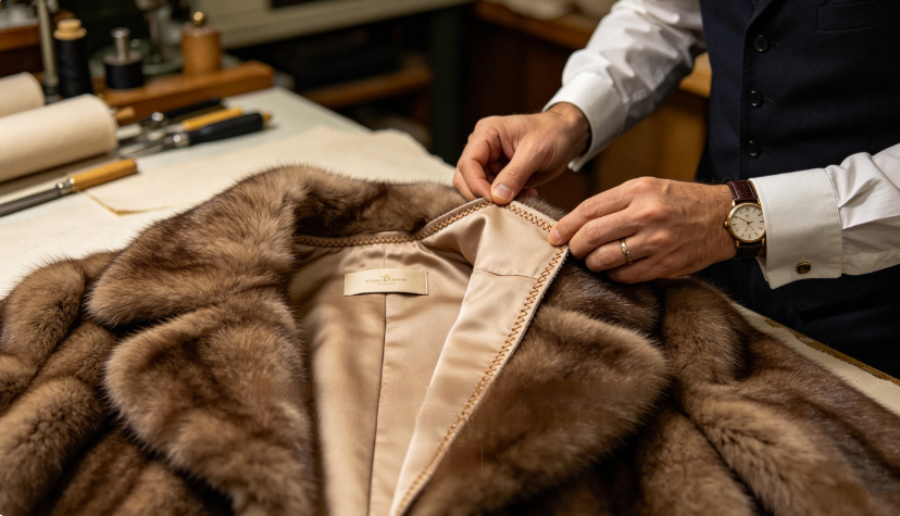 Luxury fur garment internal workmanship and craft detail inspection  JSFUR