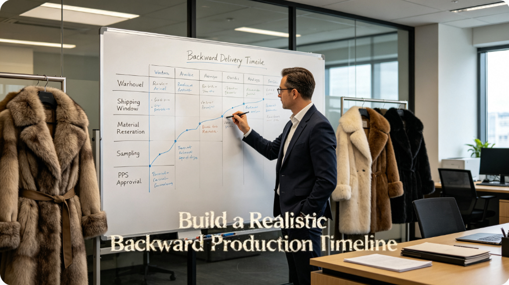 Backward production timeline planning for winter fur apparel bulk orders to prevent late shipment JSFUR1