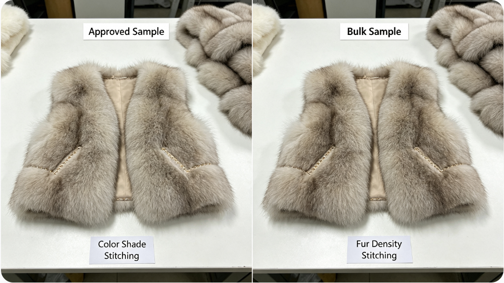 Side-by-side comparison of approved pre-production sample vs inconsistent bulk fur garment