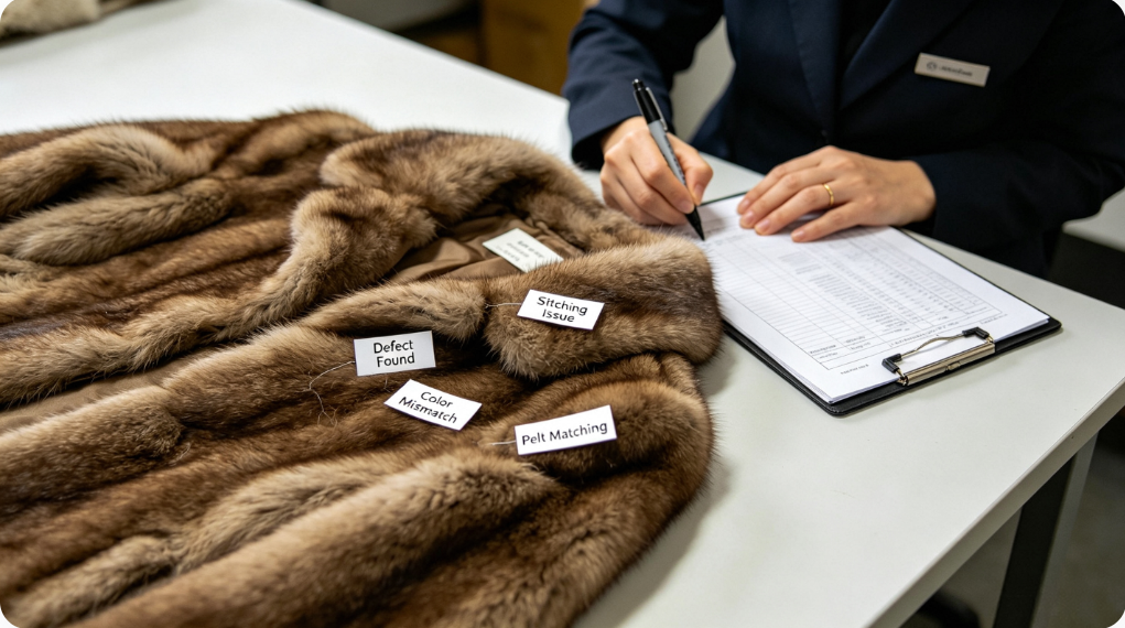 QC inspector marking defective fur coat and recording quality issues