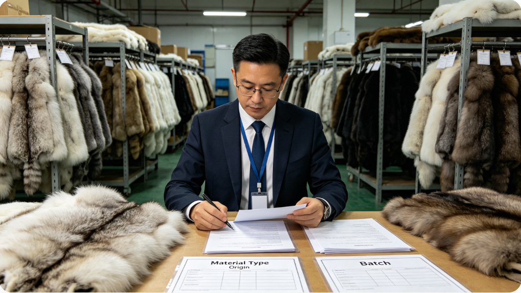 Inspector checking raw fur pelts and verifying material certificates in factory warehouse