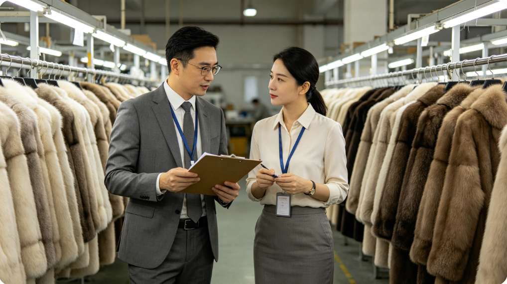 Buyer auditing fur garment factory to identify supplier red flags before bulk order