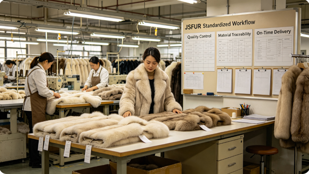 JSFUR production team showing standardized fur garment manufacturing workflow to wholesale buyers