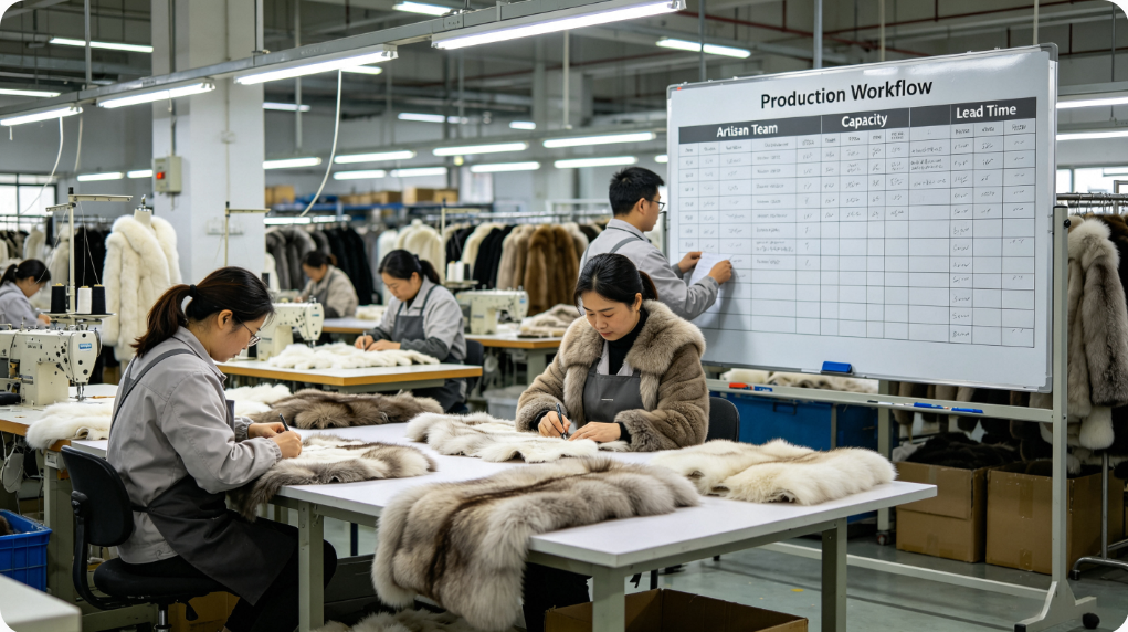 Factory production floor review to assess fur garment production capacity and artisan workflow