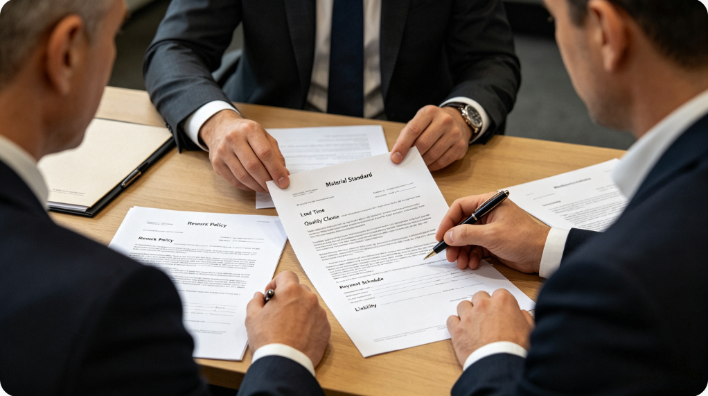 Business team reviewing sales contract for fur apparel bulk order terms and specifications