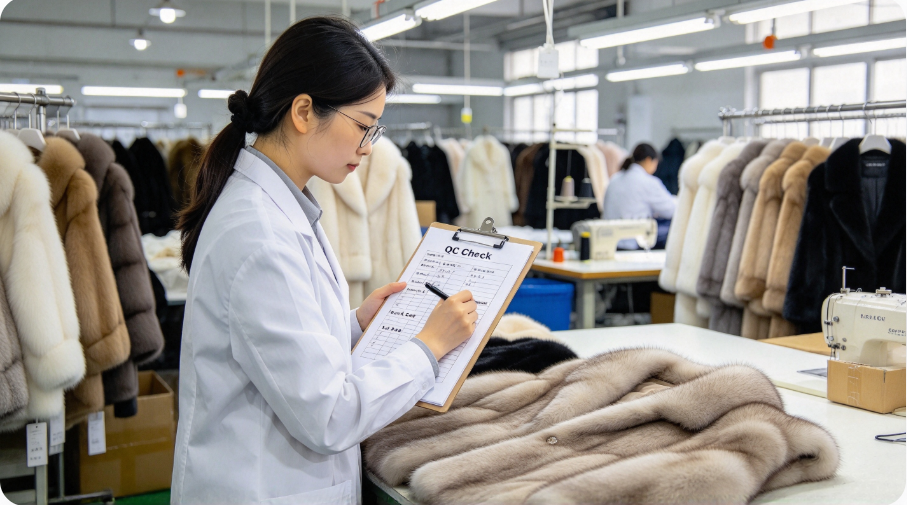 QC inspector checking finished fur garments in bulk shipment