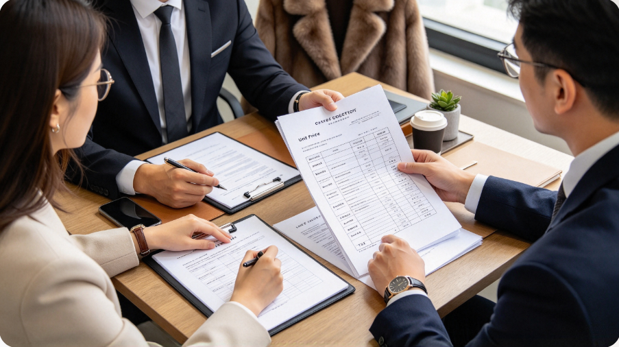 Reviewing sales contract for fur bulk order pricing terms
