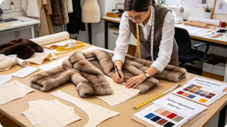 Designer revising fur garment pre-production sample