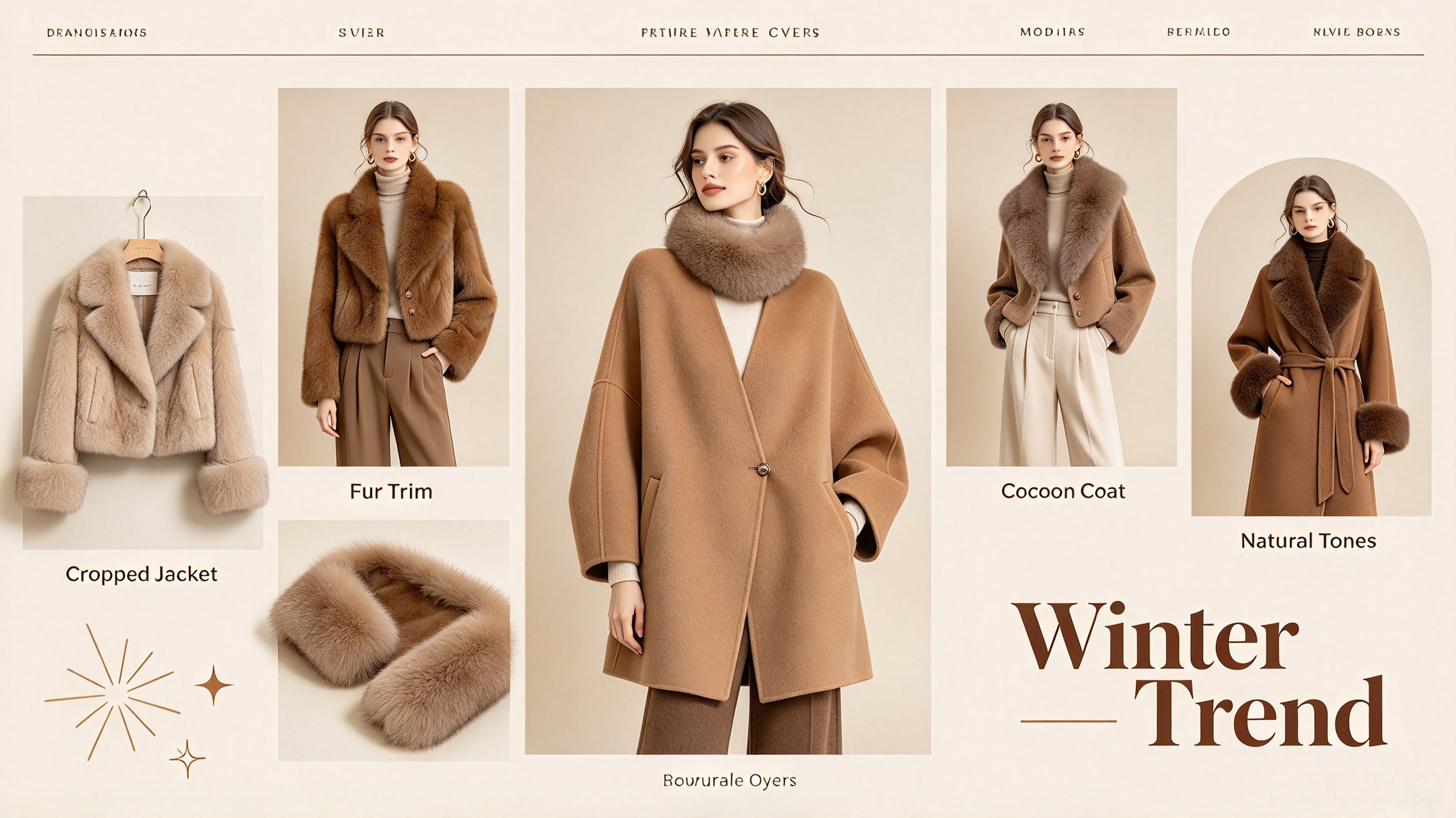 Winter fur apparel mood board with cropped fur jackets, fur trim coats and natural color palette for wholesale trend forecasting JSFUR