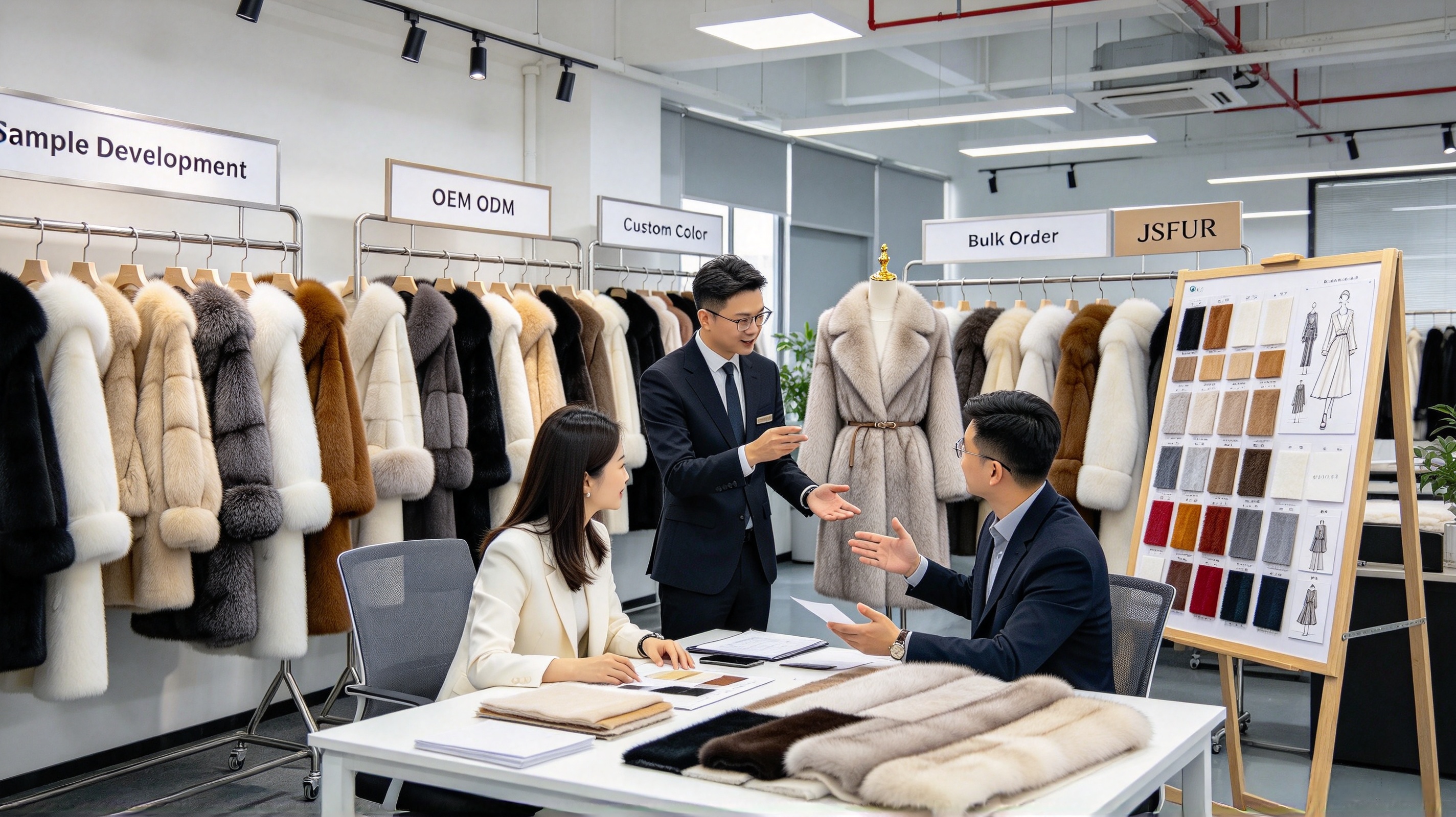 JSFUR fur garment sample room for OEM ODM winter fur bulk order development JSFUR