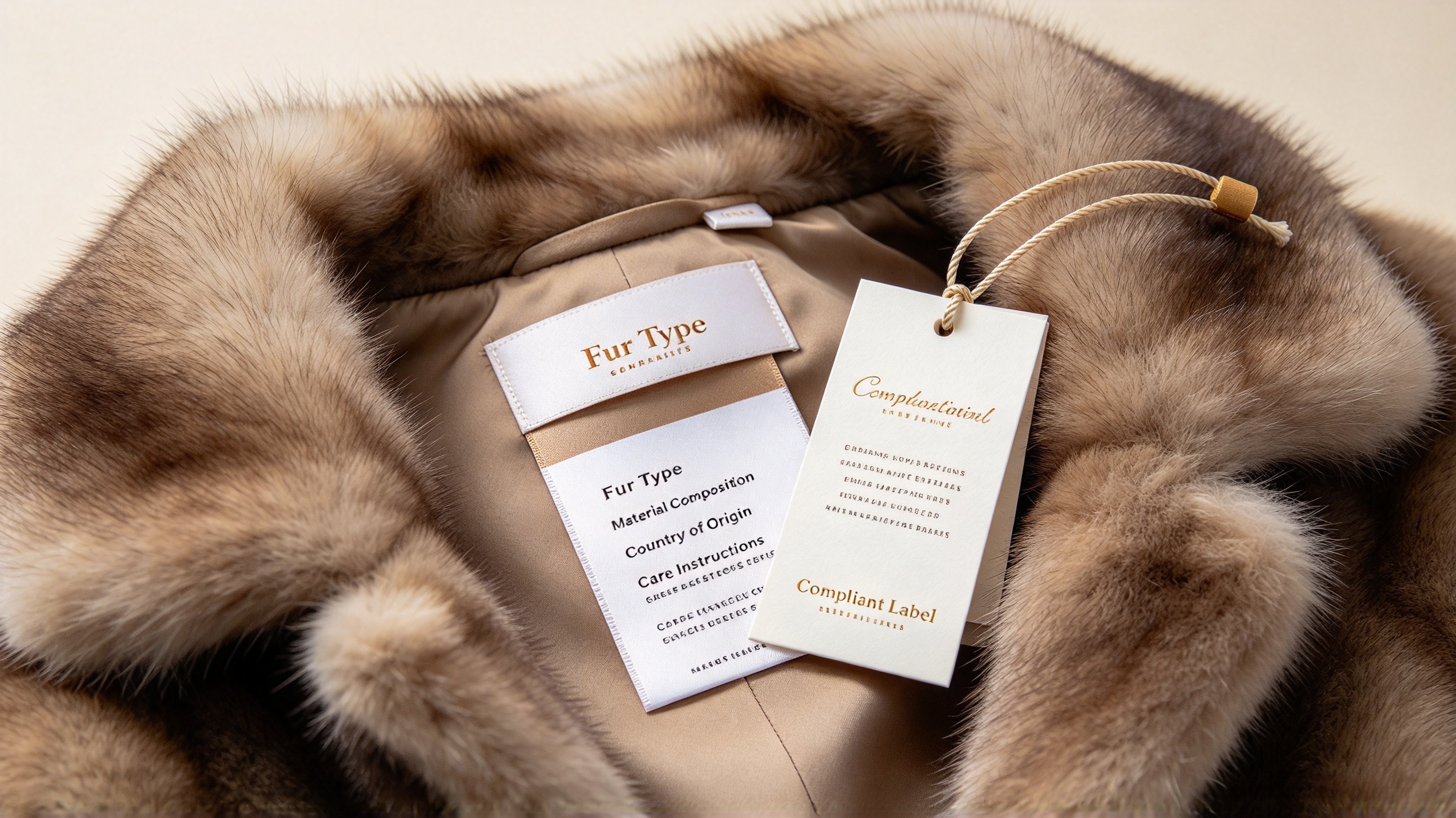 Compliant fur garment care label and hang tag close-up for international wholesale import JSFUR
