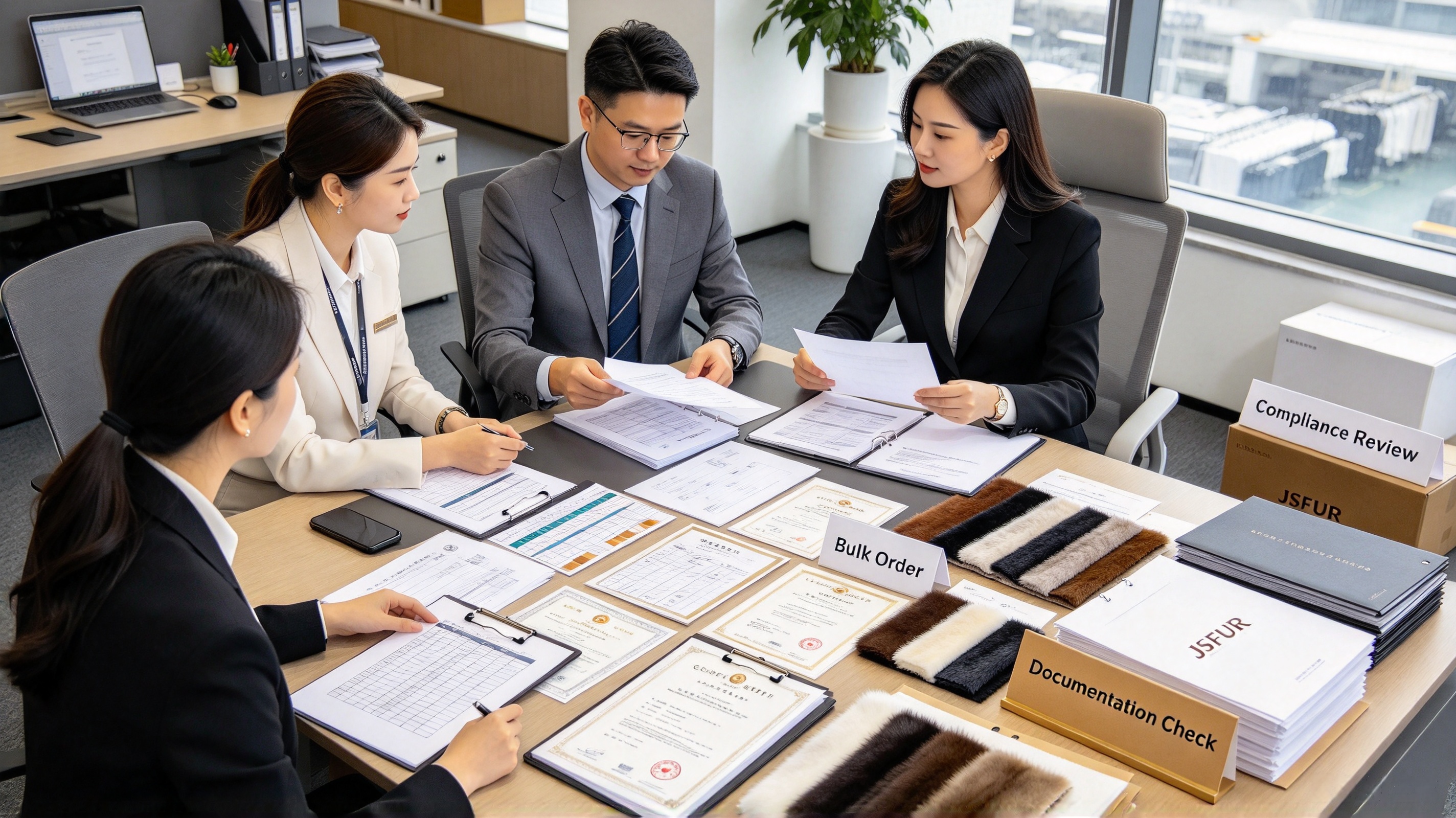 JSFUR team reviews fur garment bulk order compliance documents for B2B wholesale clients JSFUR