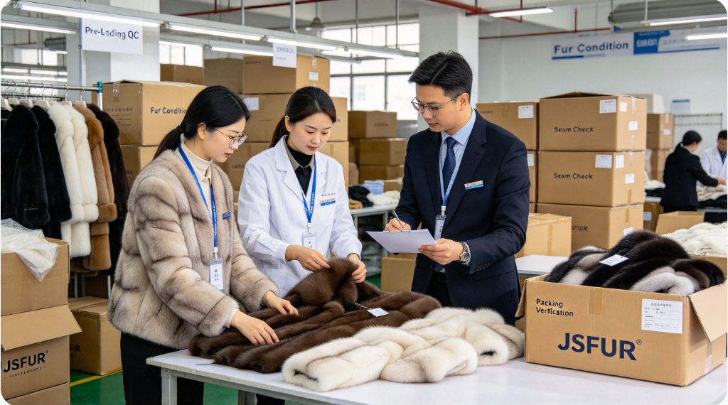 JSFUR QC team checking fur garments and export packing before container loading JSFUR