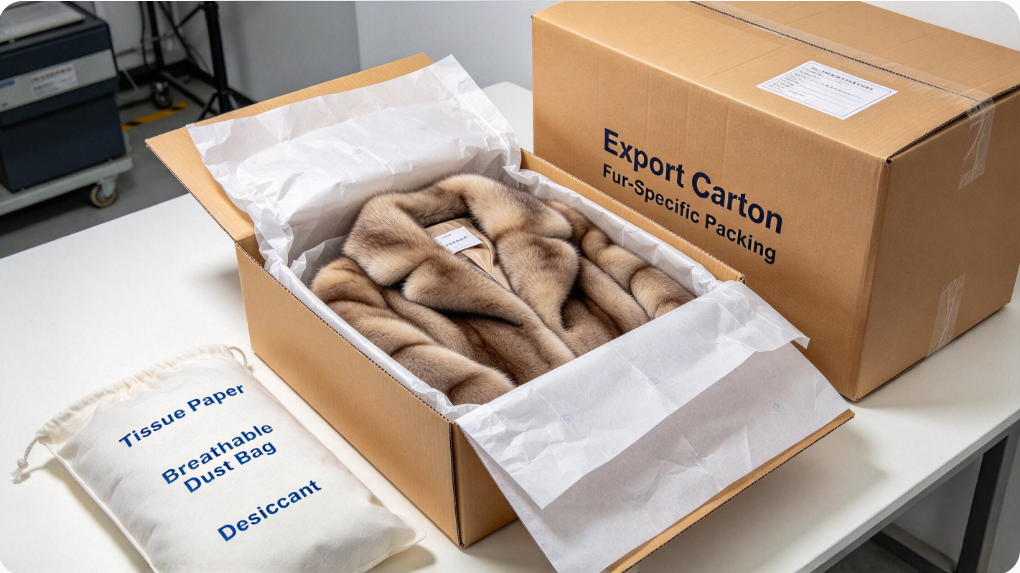 Correct fur apparel export packing with tissue paper, breathable dust bag and desiccant inside carton JSFUR