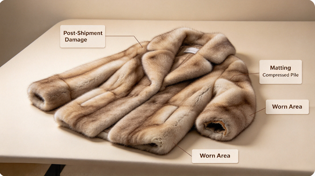 Fur garment showing matting compression damage after cross-border shipment wholesale scenario JSFUR