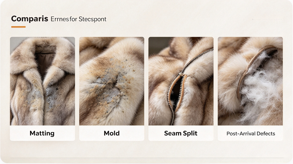 Visual showcase of different fur damages matting, mold, seam split and fur shedding JSFUR