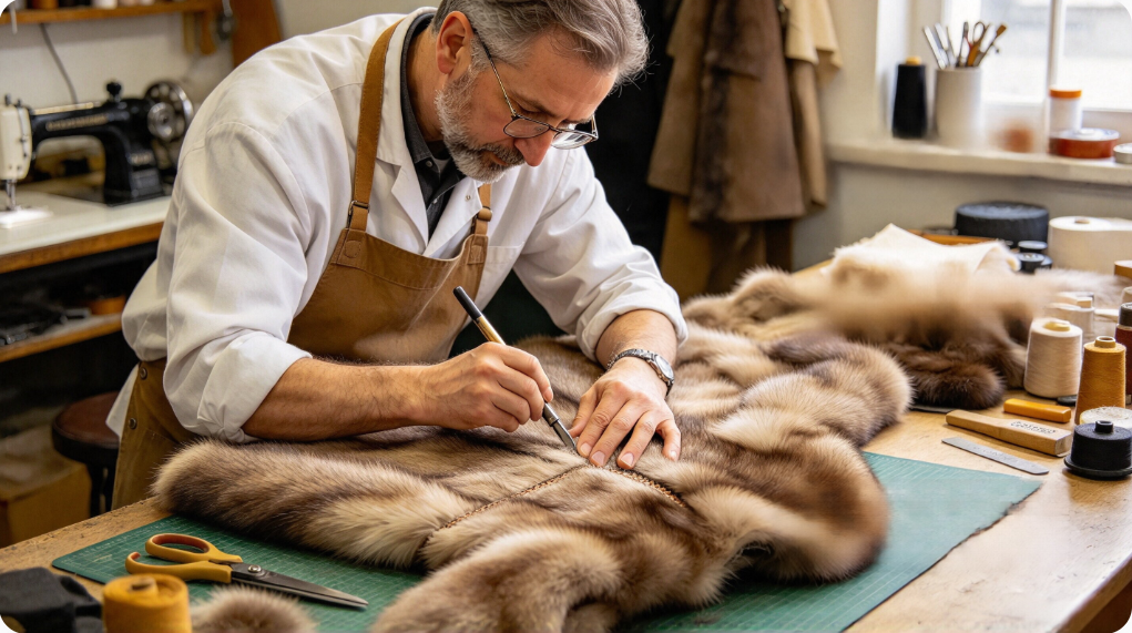 Fur artisan inspecting and repairing damaged fur coat for wholesale order JSFUR