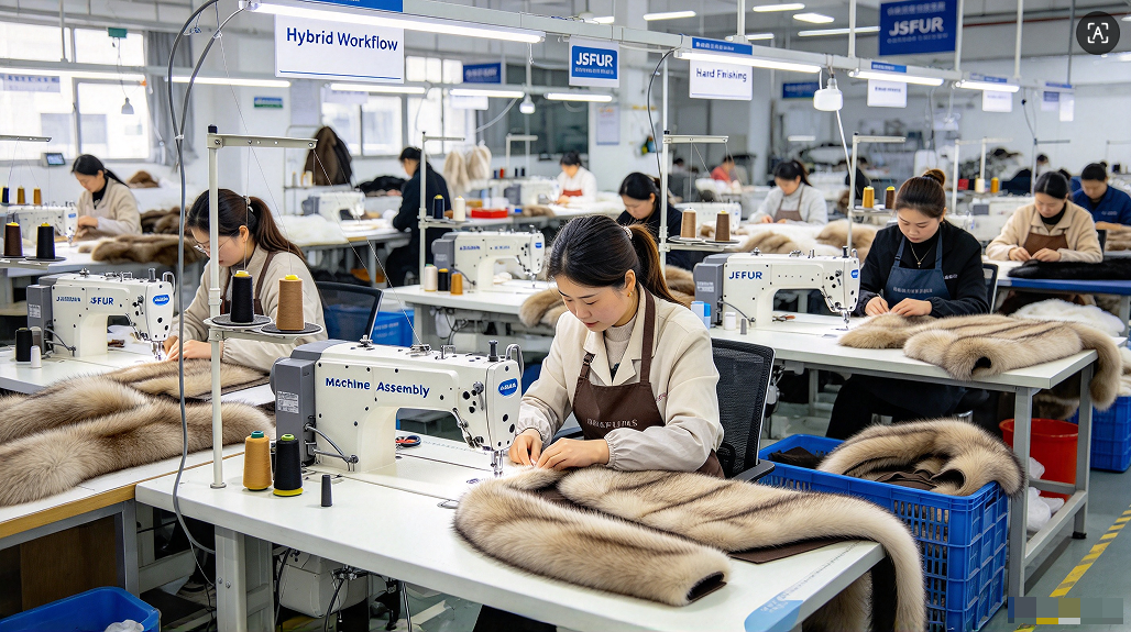 JSFUR workshop hybrid fur production combining artisan hand finishing and machine assembly JSFUR