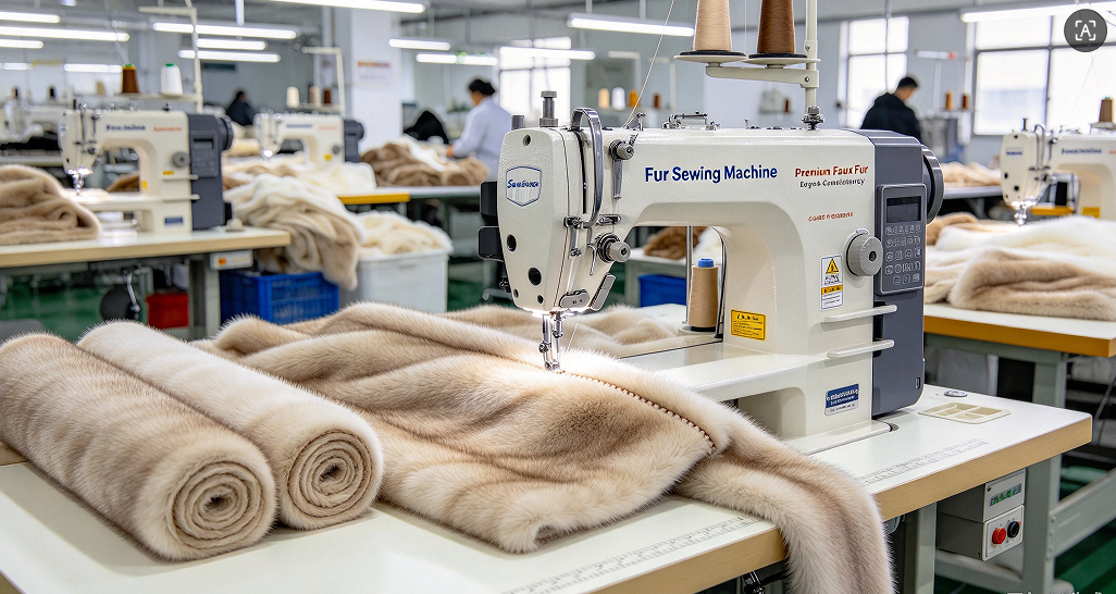 Industrial fur-special sewing machine processing premium faux-fur garments in factory JSFUR