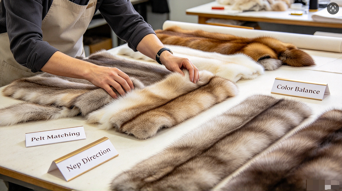 Fur artisan manually matching real fur pelts for luxury bulk collection JSFUR