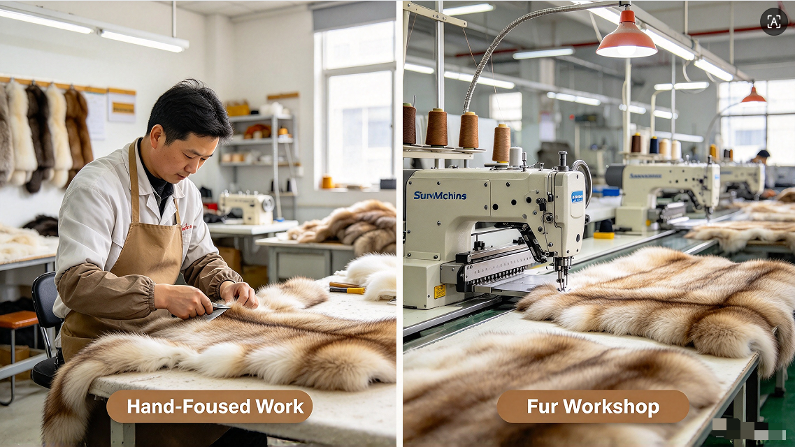 Side-by-side visual fur artisan hand-working and industrial fur sewing machine workshop scene JSFUR