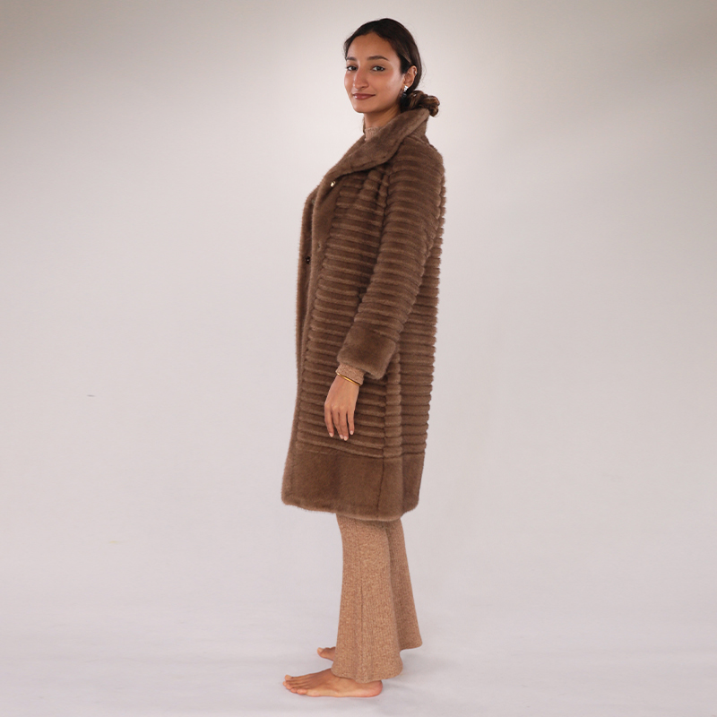 Faux Mink Fur Coat – Quilted Ribbed Texture in Chestnut Brown — image 3