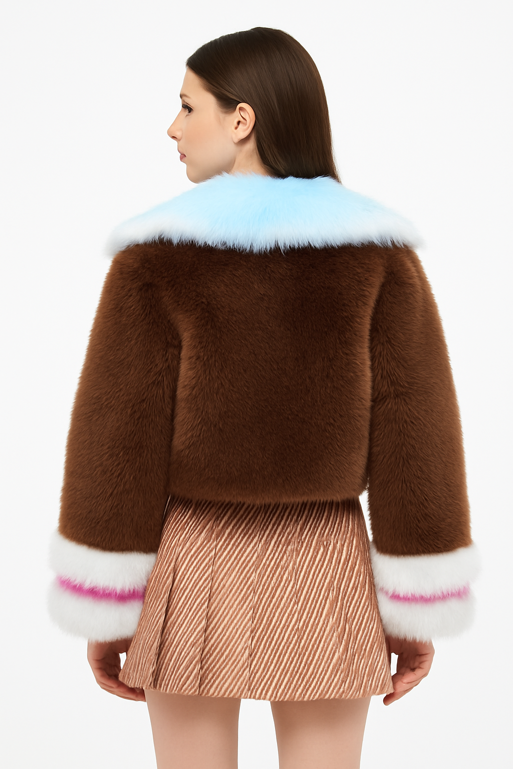 Cropped Faux Fur Coat with Baby Blue Trim – Y2K Pop Glam — image 3