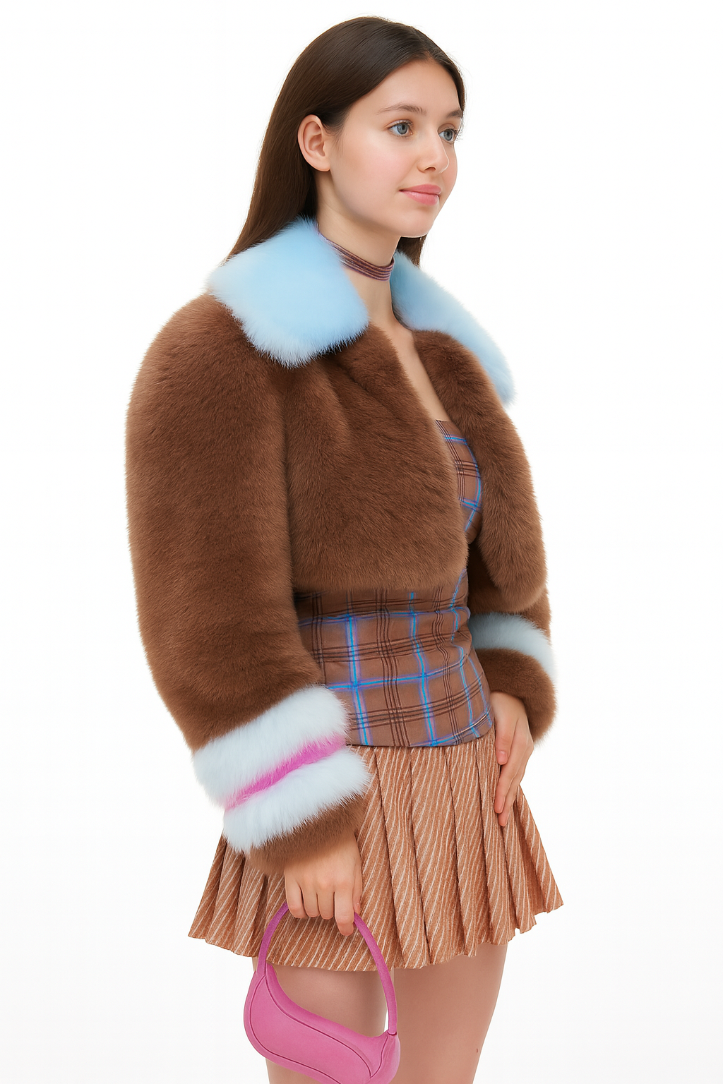Cropped Faux Fur Coat with Baby Blue Trim – Y2K Pop Glam — image 5