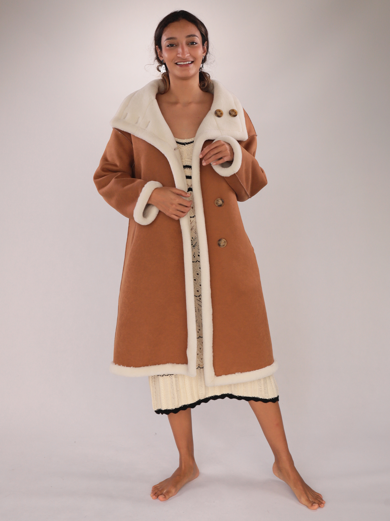 Faux Shearling Contrast Collar Coat – Camel & Ivory — image 2