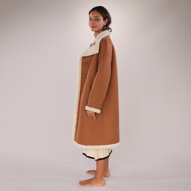 Faux Shearling Contrast Collar Coat – Camel & Ivory — image 3