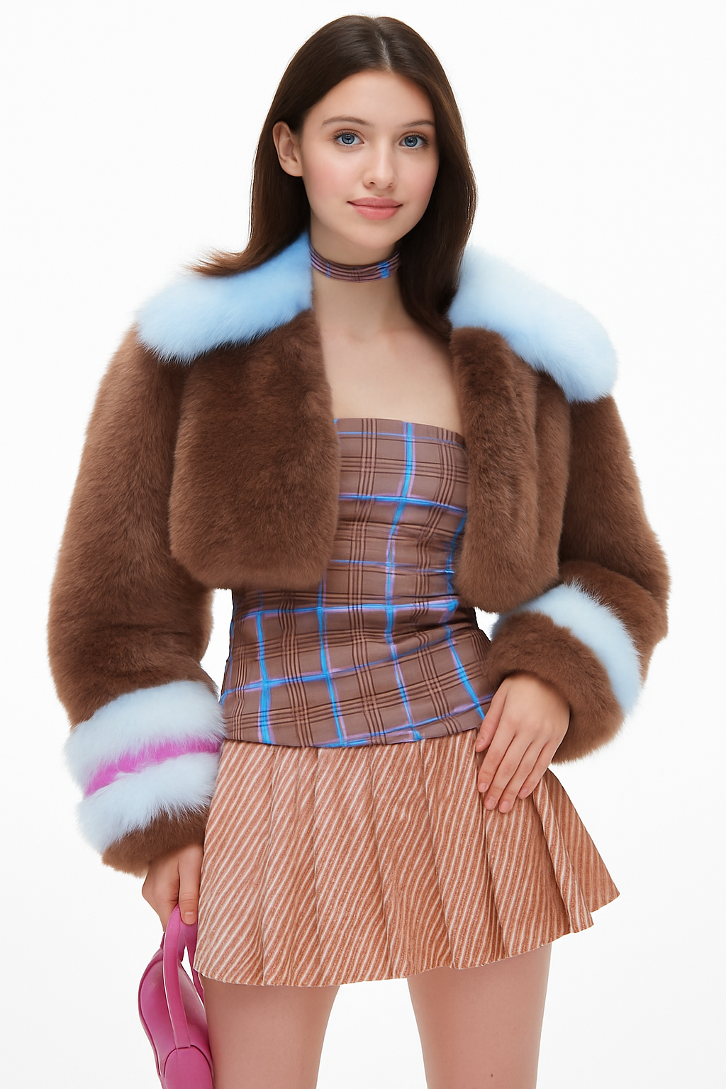 Cropped Faux Fur Coat with Baby Blue Trim – Y2K Pop Glam