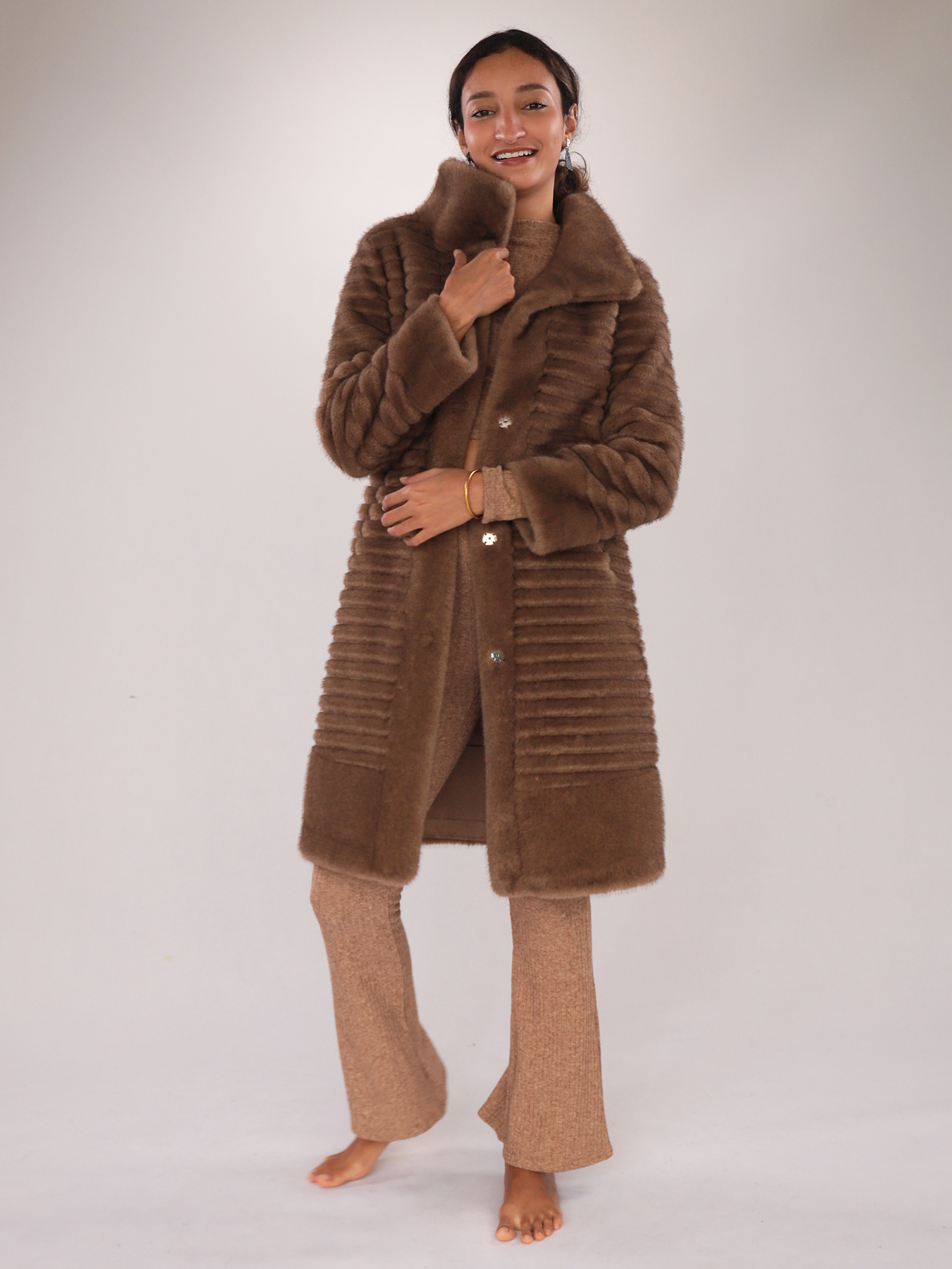 Faux Mink Fur Coat – Quilted Ribbed Texture in Chestnut Brown — image 2