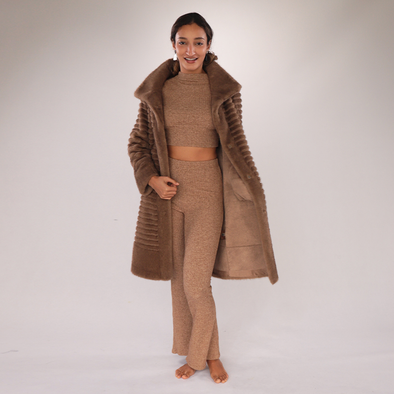 Faux Mink Fur Coat – Quilted Ribbed Texture in Chestnut Brown — image 5