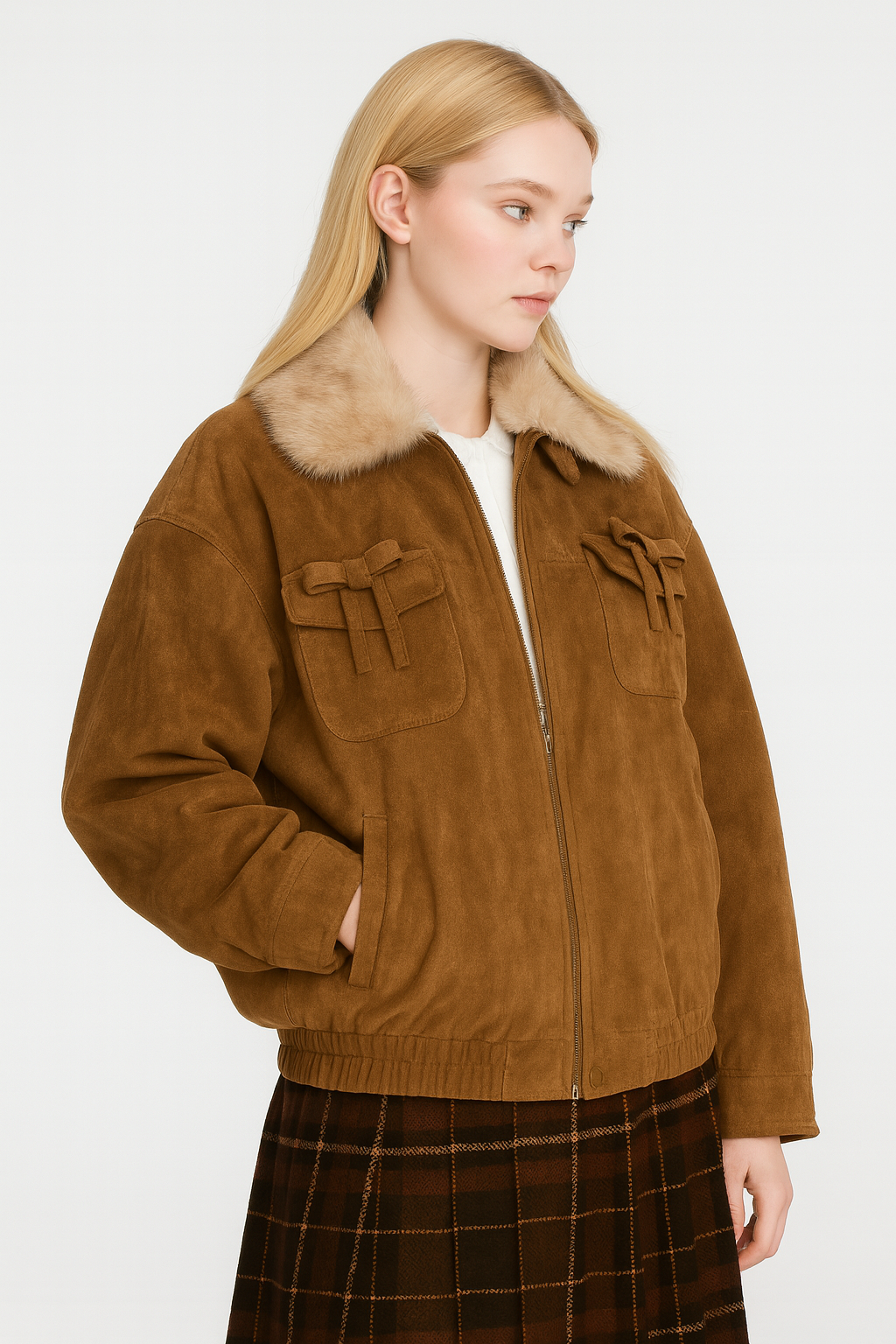 Y2K Suede Bomber Jacket with Faux Fur Collar and Bows — image 3