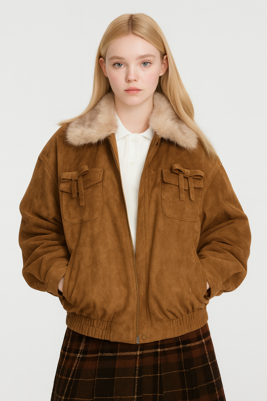Y2K Suede Bomber Jacket with Faux Fur Collar and Bows