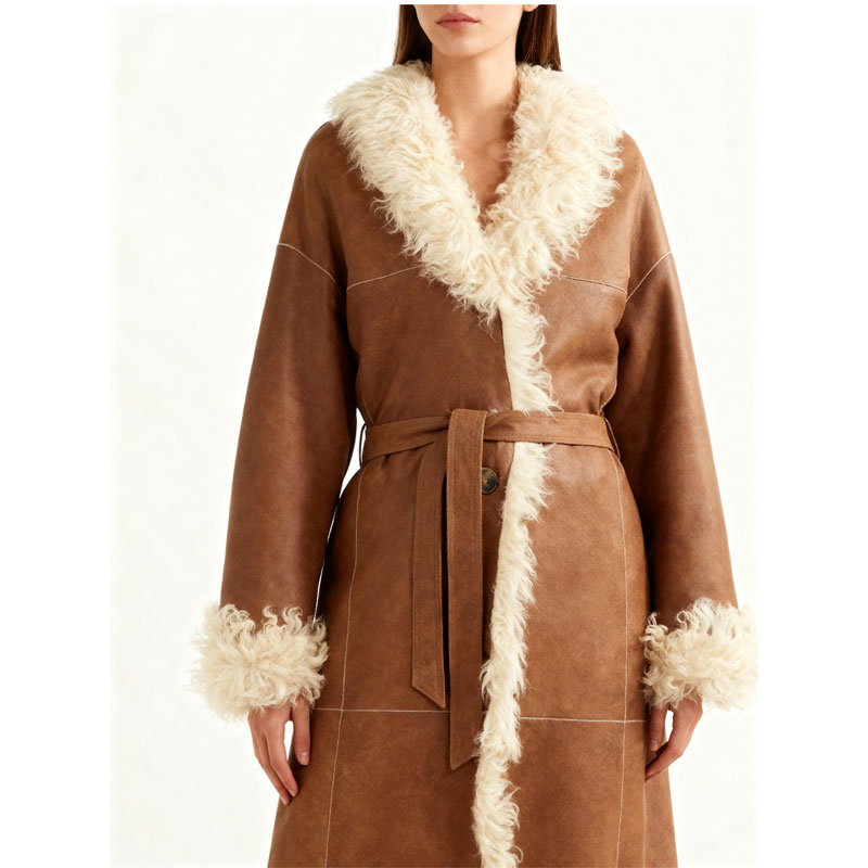 Long Shearling Robe Coat with Real Sheep Fur Trim — image 4