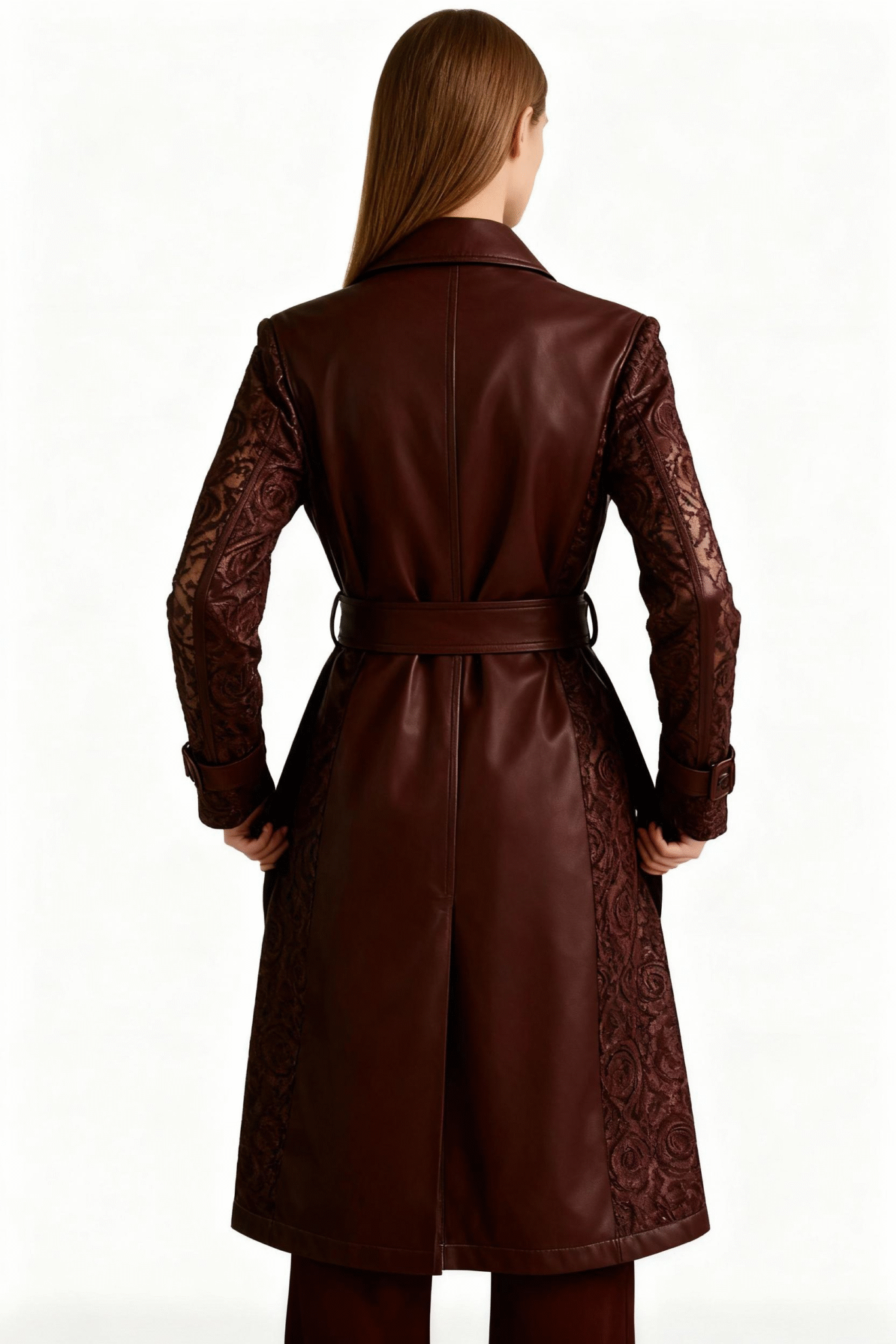 Vegan Leather Trench Coat with Floral Lace Sleeves – Elegant Sustainable Statement — image 5
