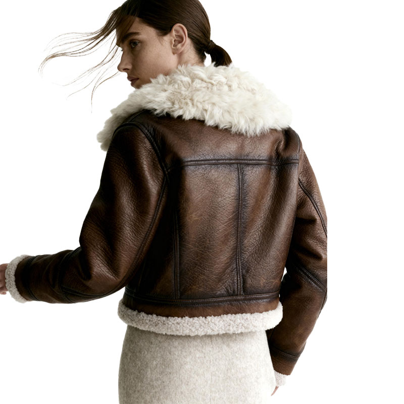 Aviator-Inspired Cropped Shearling Jacket – Real Sheep Fur Collar — image 3