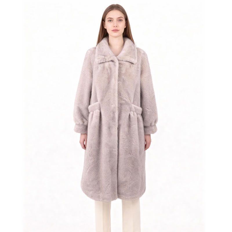 Light Grey Plush Faux Fur Long Coat