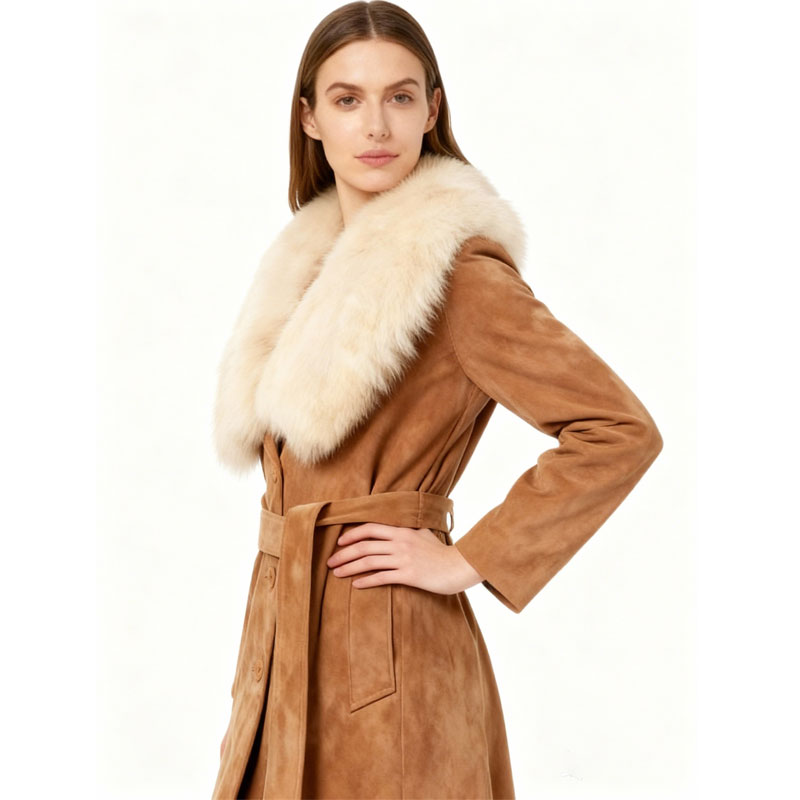 Long Suede Belted Coat with Luxe Fur Collar — image 2