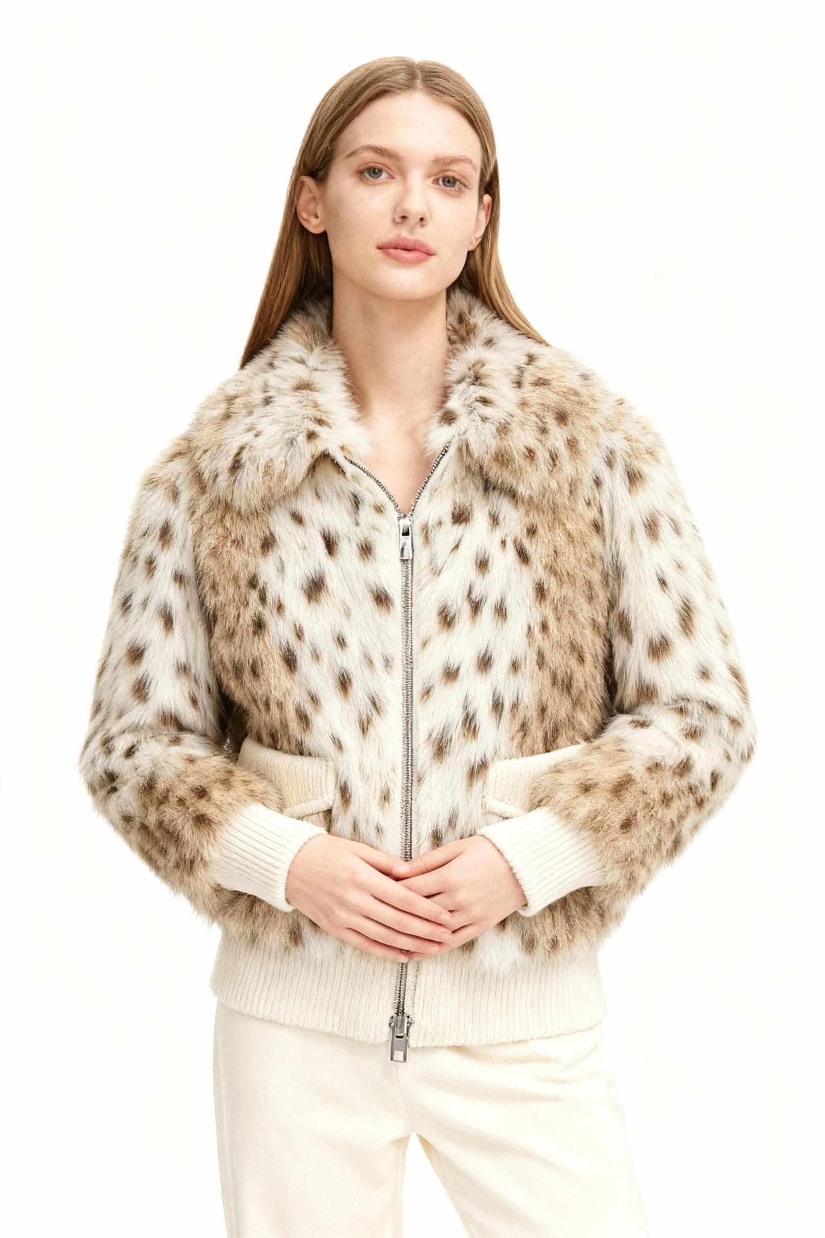 Spotted Faux Fur Bomber Jacket with Ribbed Knit Trim