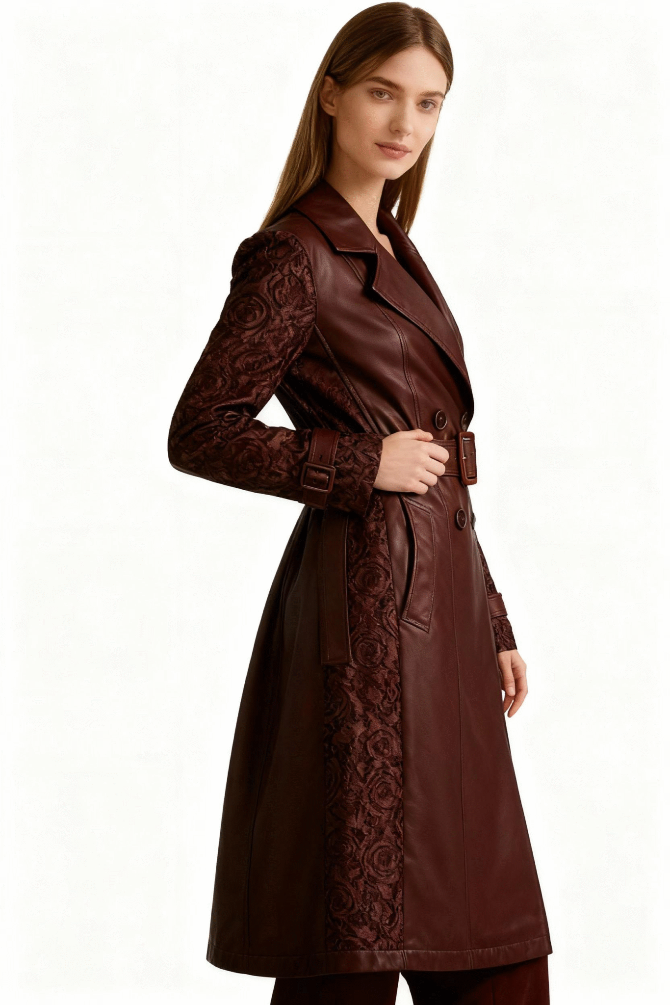 Vegan Leather Trench Coat with Floral Lace Sleeves – Elegant Sustainable Statement — image 3