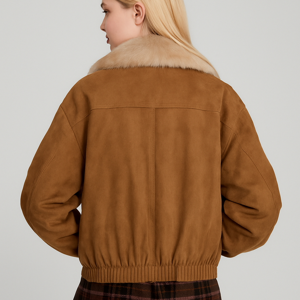 Y2K Suede Bomber Jacket with Faux Fur Collar and Bows — image 2