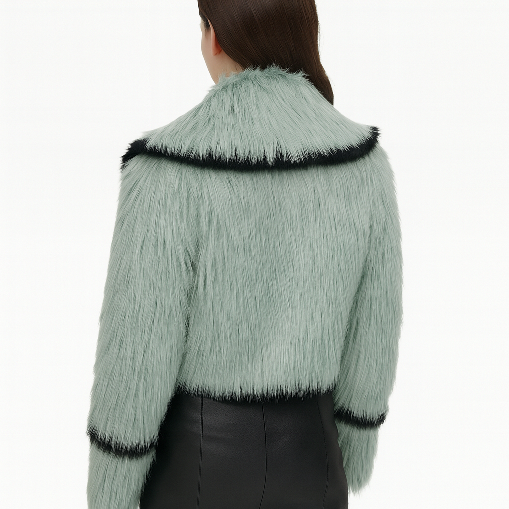 KOL Cropped Faux Fur Jacket with Contrast Trim – Ice Green — image 4