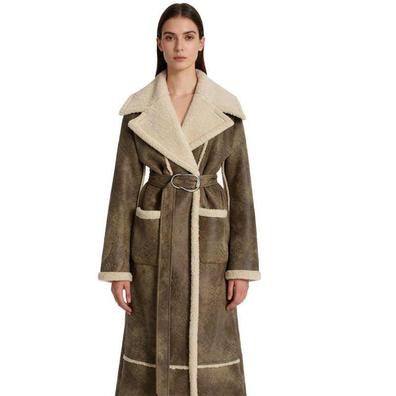 Long Belted Shearling Coat with Real Sheep Fur Trim – Olive Grey — image 2