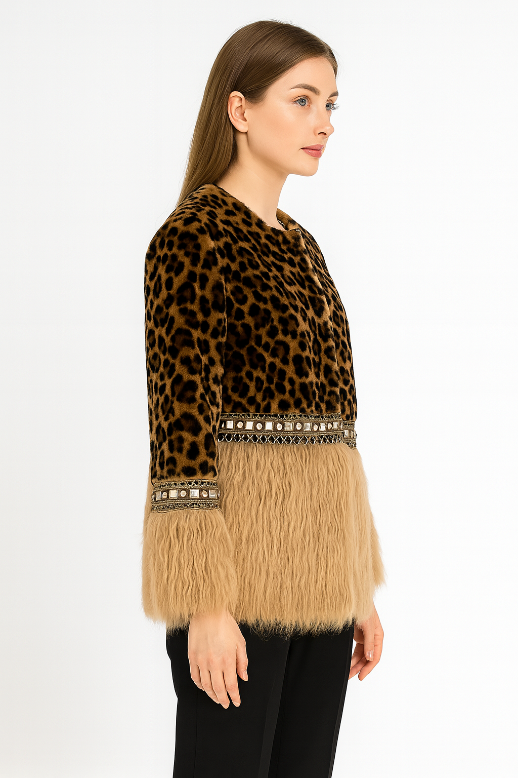 Leopard Print Fur Coat with Embellished Trim and Beige Panels — image 3