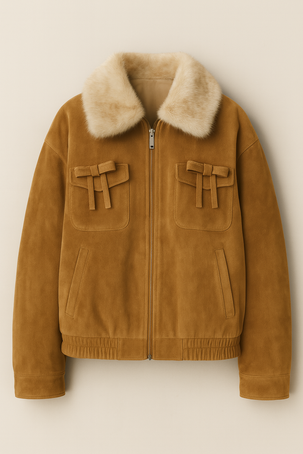 Y2K Suede Bomber Jacket with Faux Fur Collar and Bows — image 4