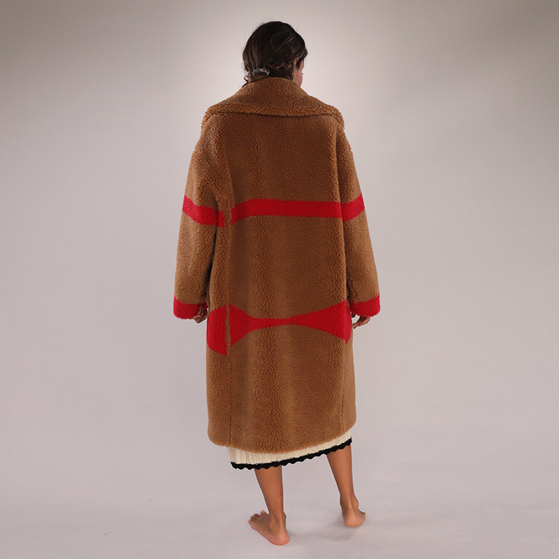 Oversized Color Block Faux Fur Coat – Caramel & Flame Red — image 3