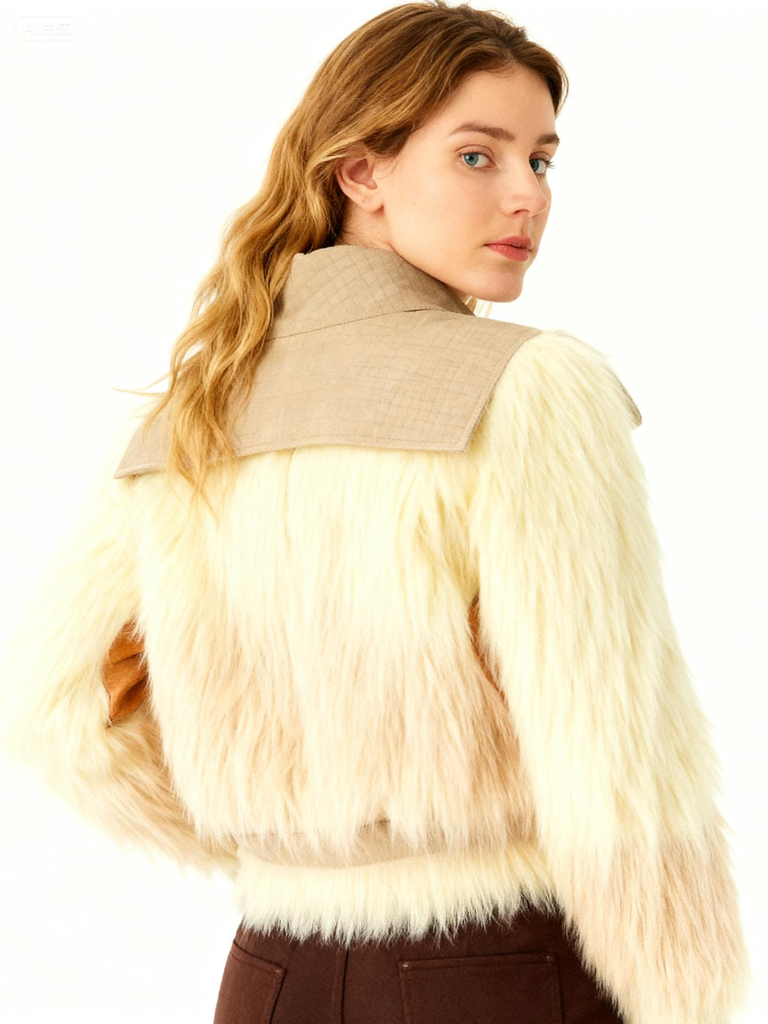 Long Hair Faux Fur Gradient Jacket with Contrast Collar Detail — image 3