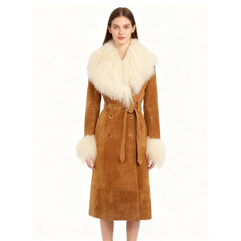 Suede Trench Coat with Real Sheepskin Fur Trim — image 2